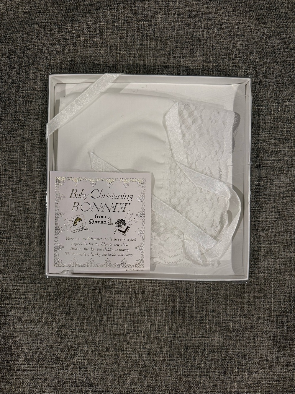1989 Roman Keepsake Baby Christening Bonnet & Wedding Hanky